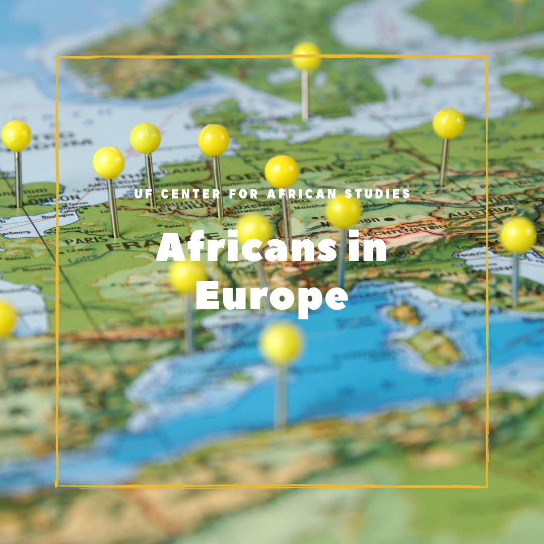thumbnail image of a map that displays a section of North Africa and France. Yellow pins are stuck in the landmass portions of the map, and the text, Africans in Europe, is displayed in the foreground